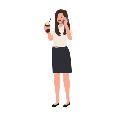 Thai university Student Multitasking with Iced Coffee and Smartphone on Campus  イラスト