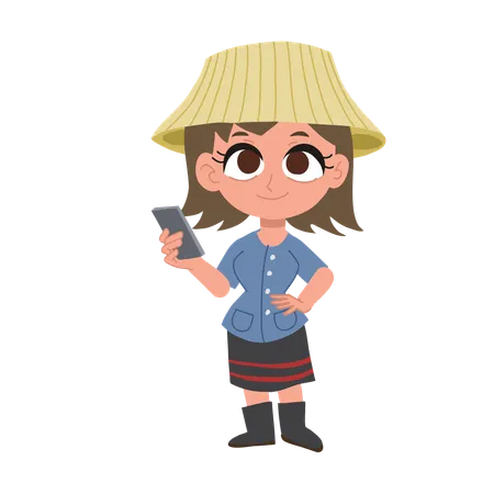 Thai woman farmer holding smartphone  Illustration