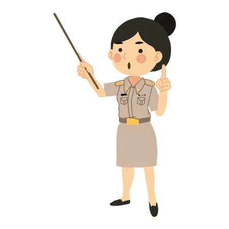 Thai Woman Teacher in Classroom with Pointing Stick  Illustration