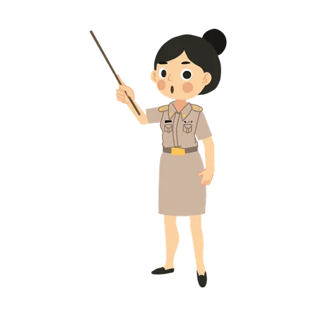 Thai Woman Teacher in Classroom with Pointing Stick  Illustration