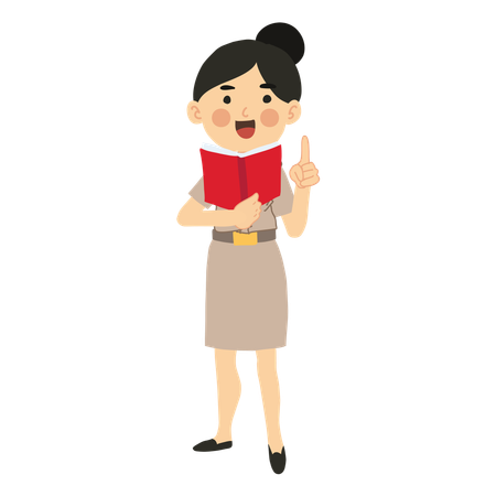 Thai Woman Teacher Pointing index finger to in Lesson on book  イラスト