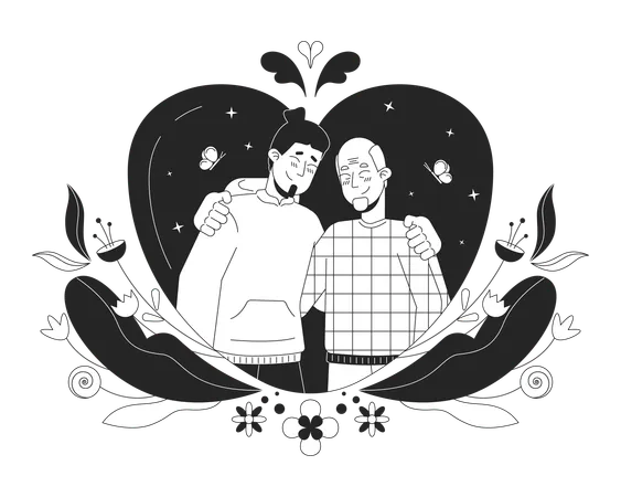 Thanks Father Day Black And White 2 D Illustration Concept Closeness Hugs Father Son Older Caucasian Cartoon Outline Characters Isolated On White Good Warm Moment Metaphor Monochrome Vector Art Illustration