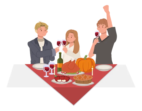 Happy Friends Enjoying Thanksgiving Dinner Thanksgiving Celebration Illustration