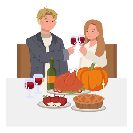 Happy Friends Enjoying Thanksgiving Dinner Thanksgiving Celebration Illustration