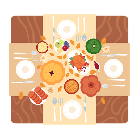 Thanksgiving dinner table overhead  Illustration