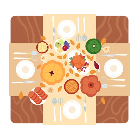 Thanksgiving dinner table overhead  Illustration