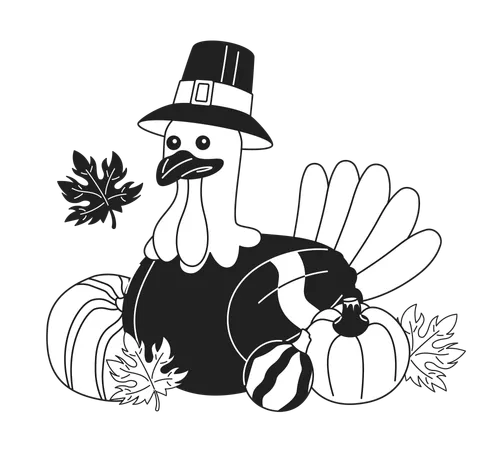 Thanksgiving Pilgrim Turkey In Pumpkins Fall Black And White 2 D Cartoon Character Wearing Hat Capotain Poultry Fowl Isolated Vector Outline Animal Harvest Autumn Monochromatic Flat Spot Illustration Illustration