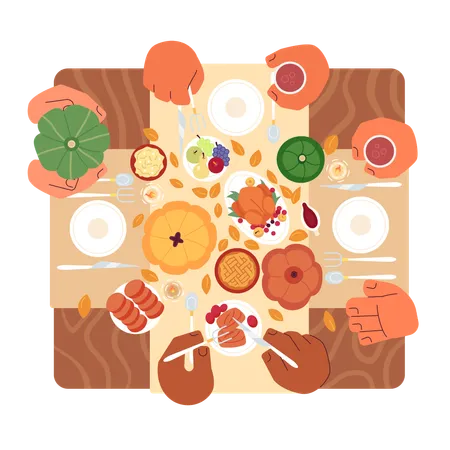 Thanksgiving Table Family Cartoon Flat Illustration Turkey Dinner Eating Friends 2 D Hands Table Overhead Isolated On White Background Autumn Rustic Meal Dining Fall Scene Vector Color Image Illustration