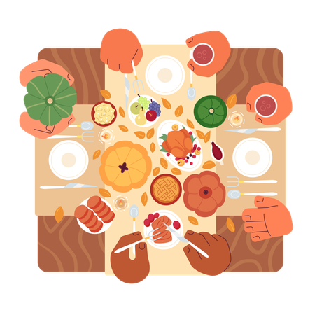 Thanksgiving table family  イラスト