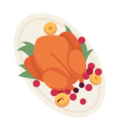 Thanksgiving Turkey Roasted 2 D Cartoon Object Thanks Giving Dinner Plate Turkey Roast Top View Isolated Vector Item White Background Garnished Cooked Poultry Color Flat Spot Illustration Illustration