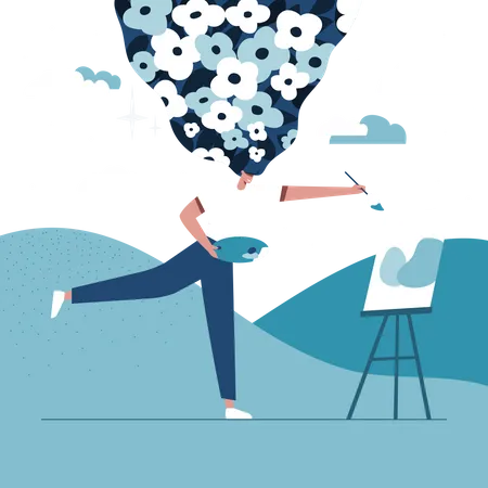 The Artist Traveled To Paint The Scenery Outside He Uses His Imagination To Create Beautiful Pictures On The Canvas Vector Illustration Flat Design Illustration