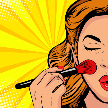 The beauty of the face. Make-up, woman brush causes the tone to the face. Vector Illustration in pop art retro comic style.  Illustration