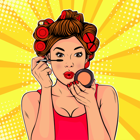 The beauty of the face. Make-up, woman brush causes the tone to the face. Vector Illustration in pop art retro comic style.  Illustration