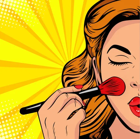 The beauty of the face. Make-up, woman brush causes the tone to the face. Vector Illustration in pop art retro comic style. Illustration