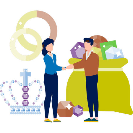The boy and girl are doing hand shake standing near crowns  Illustration
