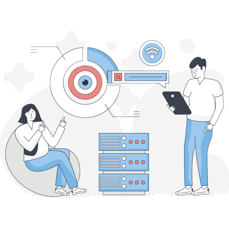 The boy and girl are monitoring data  Illustration