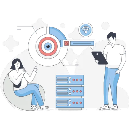 The boy and girl are monitoring data  Illustration