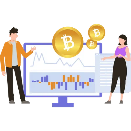 The boy and girl working on bitcoin chart Illustration