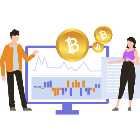 The boy and girl working on bitcoin chart  Illustration