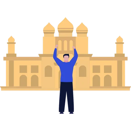 The boy architect is standing in front of the mosque  Illustration