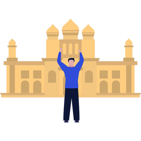 The boy architect is standing in front of the mosque  Illustration