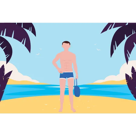 The boy is at the beach for vacation  Illustration