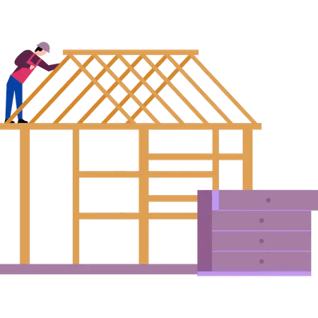 The boy is building a wooden house  イラスト