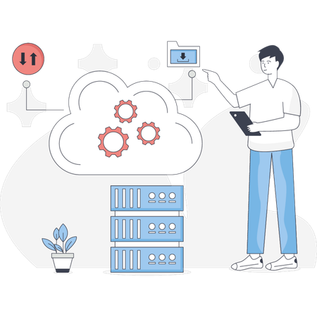 The boy is checking cloud service  Illustration