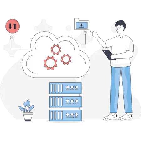 The boy is checking cloud service  Illustration