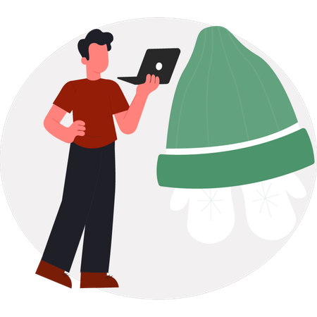 The boy is checking hat price online  Illustration
