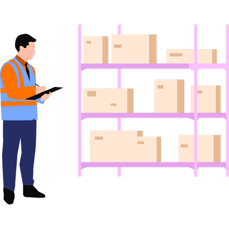 The boy is checking the boxes in the rack  Illustration