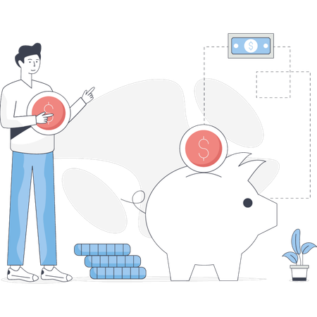 The boy is collecting money in piggy bank  Illustration