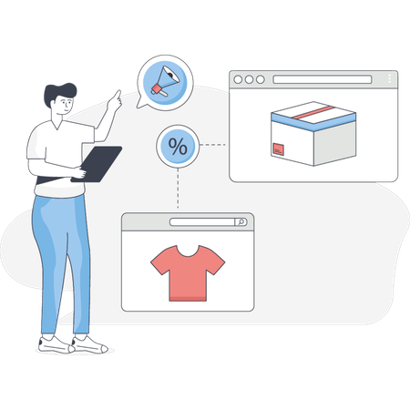 The boy is doing online product marketing  Illustration