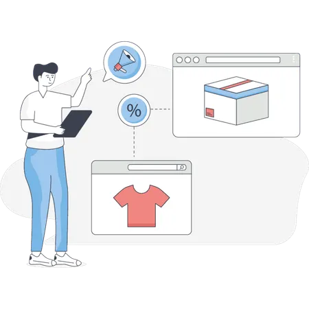 The boy is doing online product marketing  Illustration