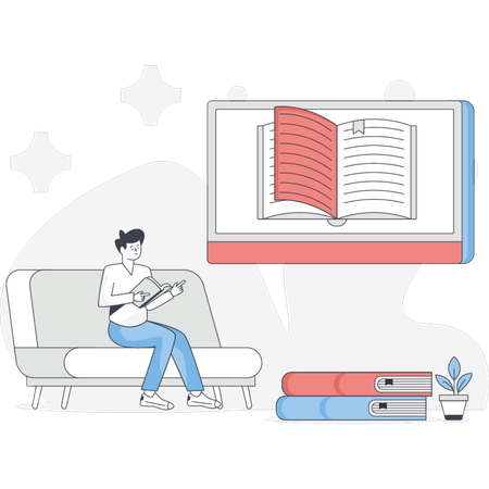 The boy is finding book online  Illustration