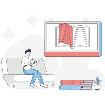 The boy is finding book online  Illustration