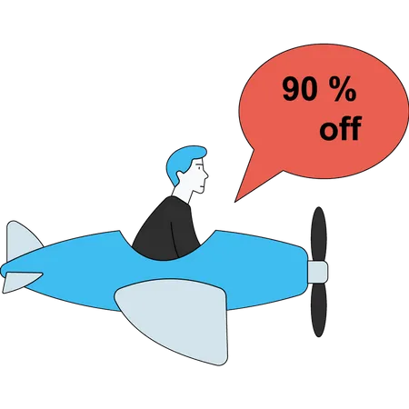The boy is flying to shop at 90% discount  Illustration