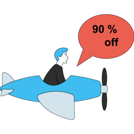 The boy is flying to shop at 90% discount  Illustration