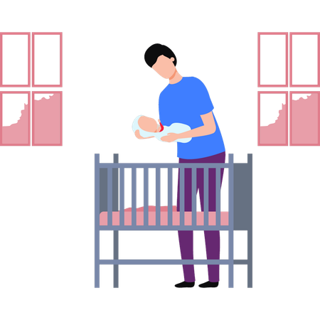 The Boy Is Laying The Baby In The Cradle  Illustration