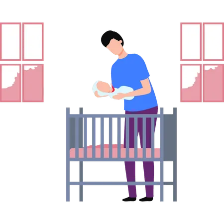 The Boy Is Laying The Baby In The Cradle  Illustration