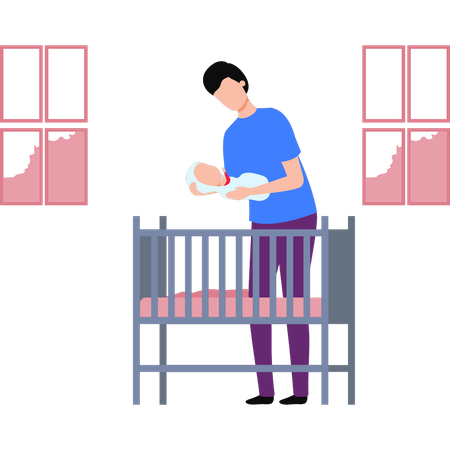 The Boy Is Laying The Baby In The Cradle  Illustration