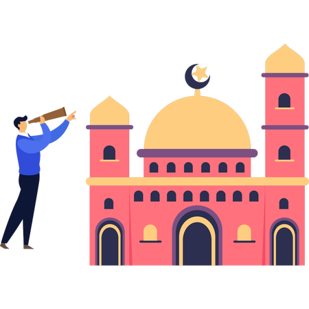 The boy is looking at minaret of mosque through spyglass  Illustration