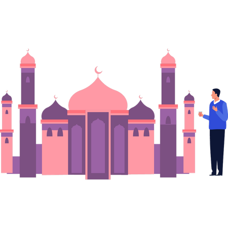 The boy is looking at the minarets of the mosque  Illustration