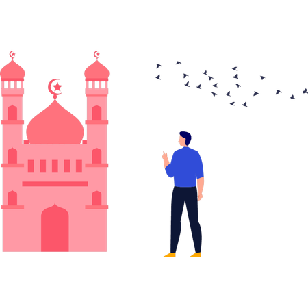 The boy is looking at the mosque  Illustration