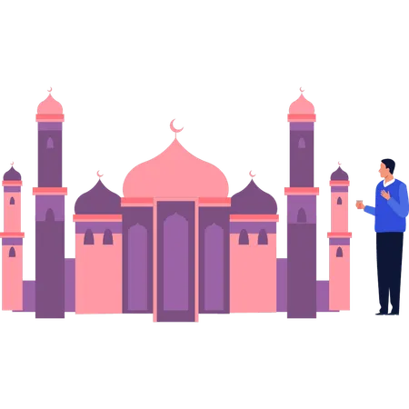 The boy is looking at the minarets of the mosque  Illustration