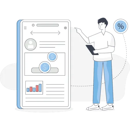 The boy is looking finance app online  Illustration