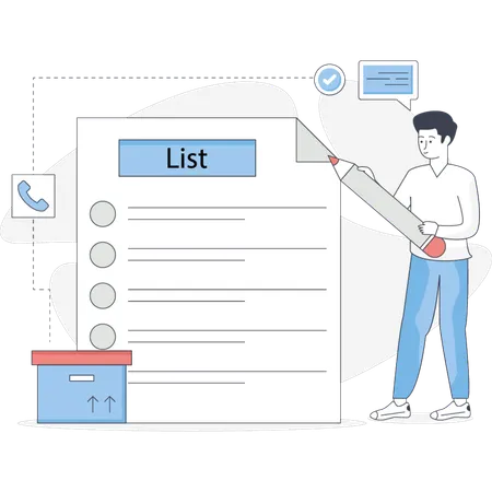 The boy is making inventory list  Illustration