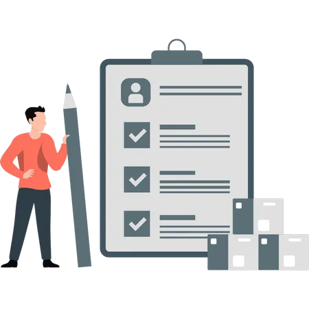 The boy is making management checklist  Illustration