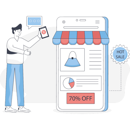 The boy is marketing product online  Illustration