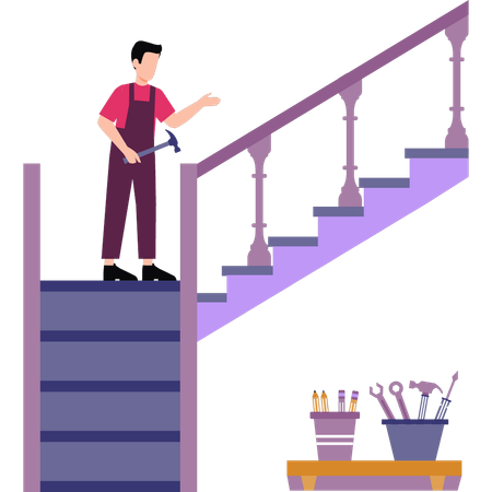 The boy is nailing the stairs  イラスト